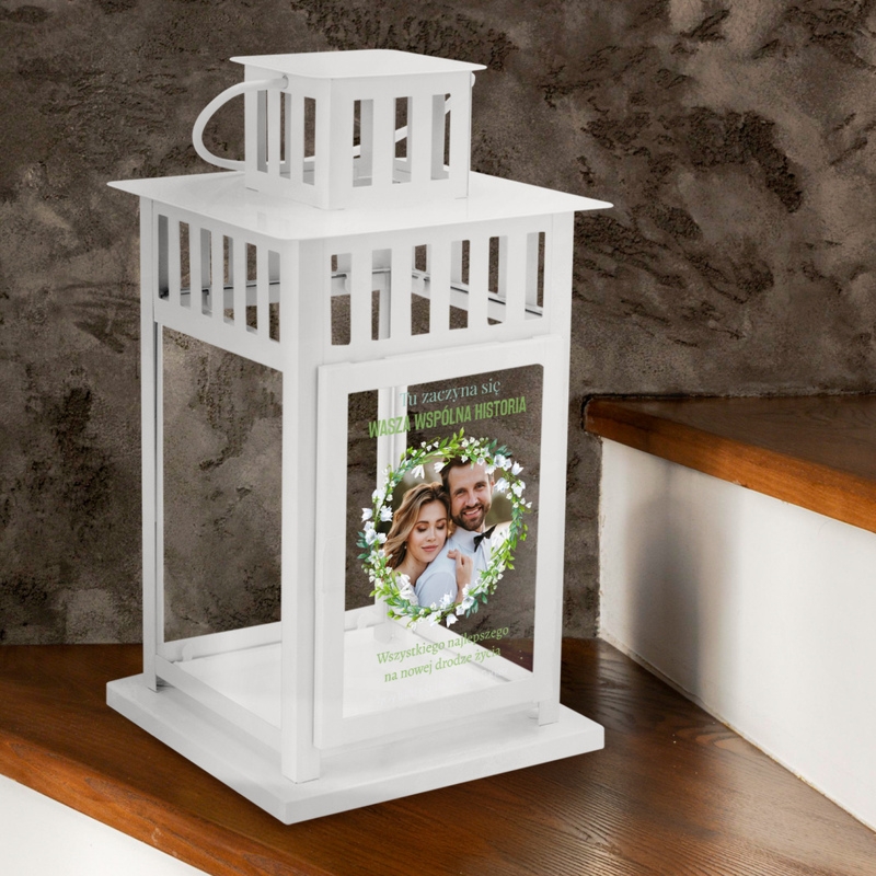 Personalizowany lampion ślubny ze zdjęciem – biała latarenka z nadrukiem UV