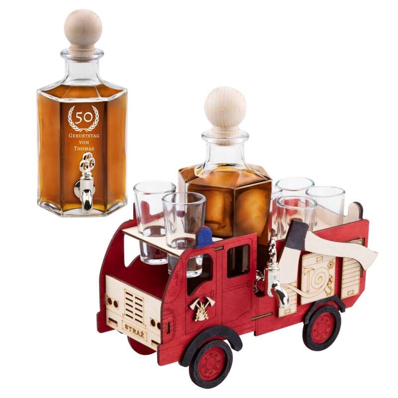 Image of 7-teiliges Set Karaffe und Gläser Feuerwehrauto mit Gravur