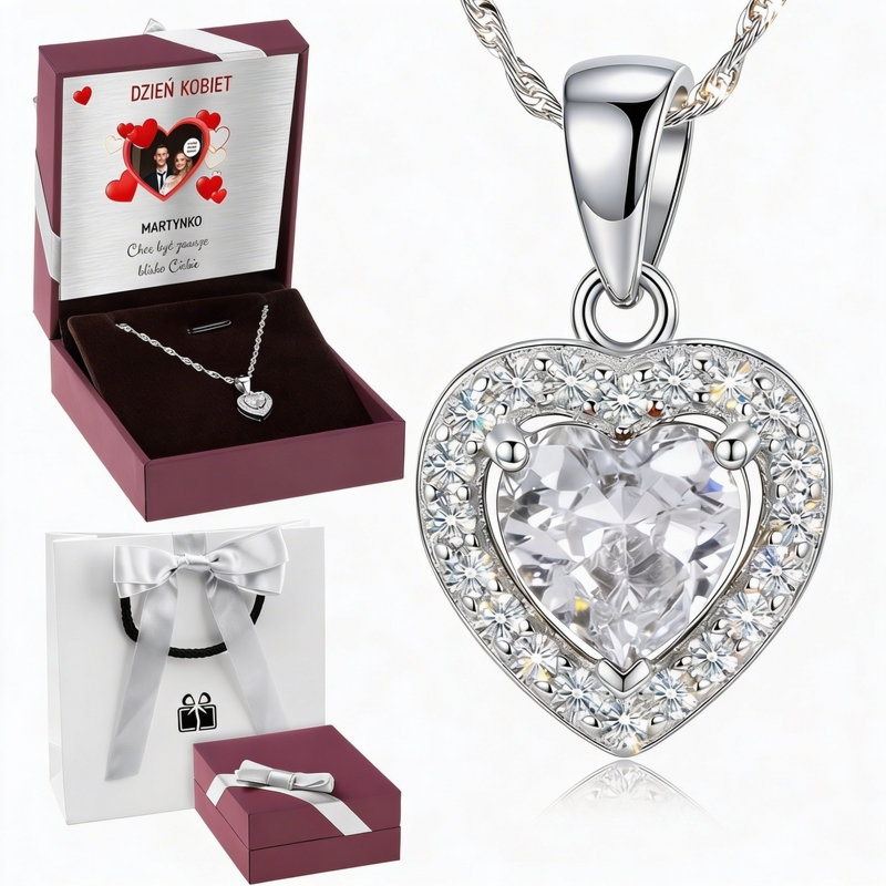 Walentynki: srebrny wisiorek serce 925 białe cyrkonie z dedykacją