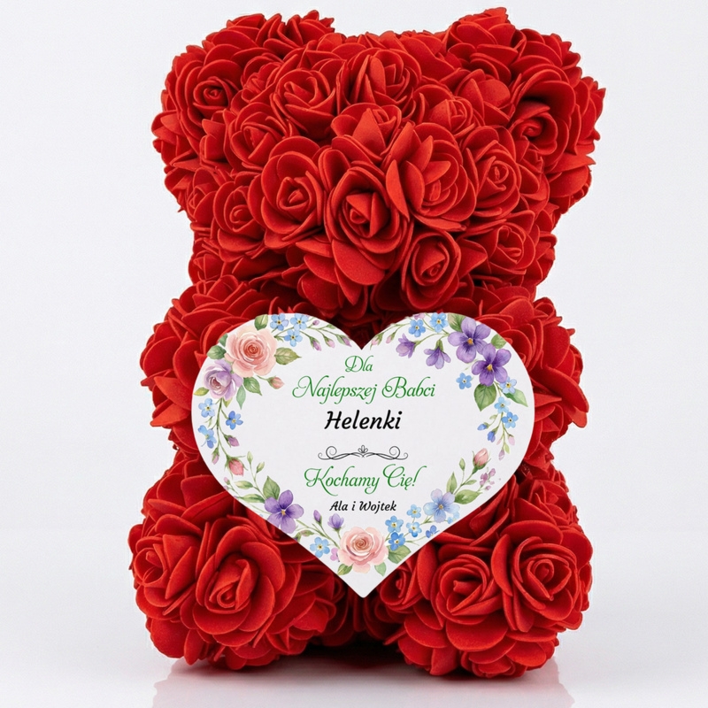 Personalizowany miś z czerwonych róż dla Babci ze zdjęciem wnuków