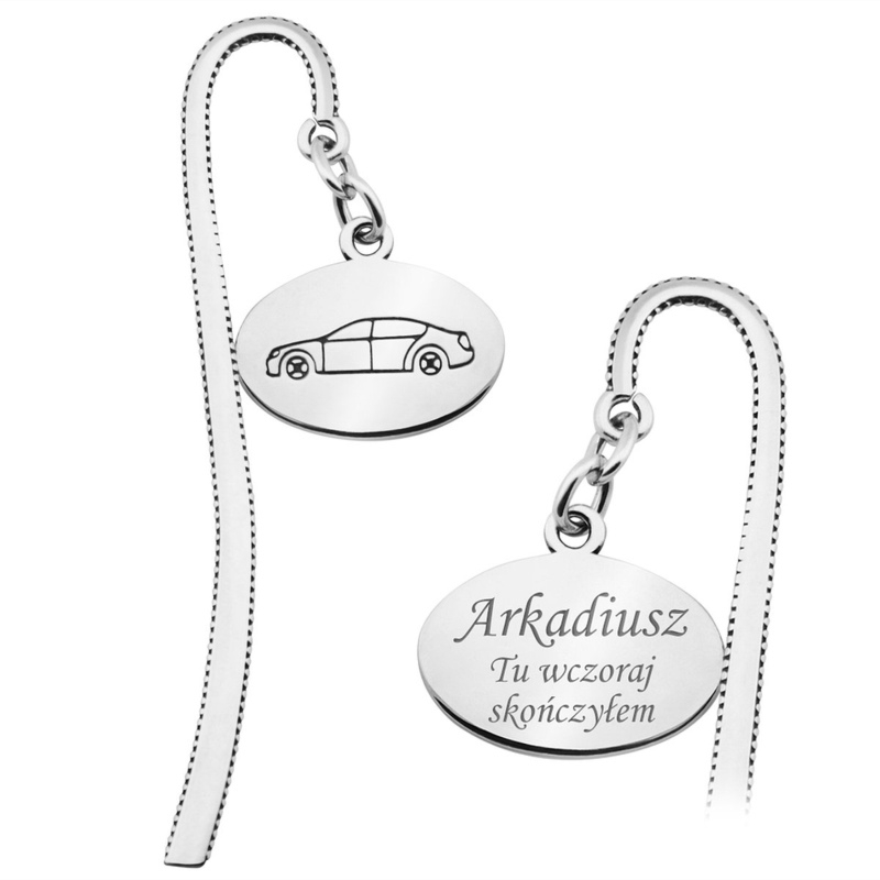 Srebrna zakładka do książki z grafiką samochodu z grawerem