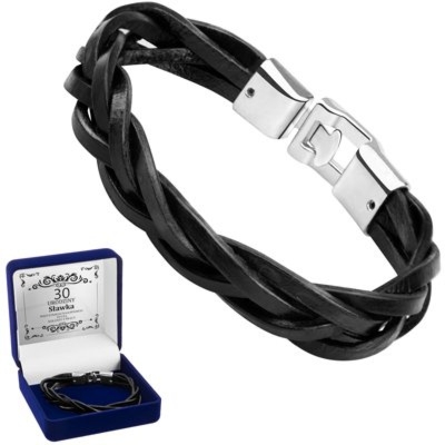 Bransoletka stal 316L z rzemykami w warkocz, dedykacja w pudełku