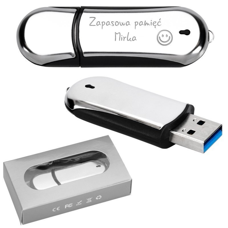 Pendrive chromowo-czarny 32 GB ze stali nierdzewnej z grawerem