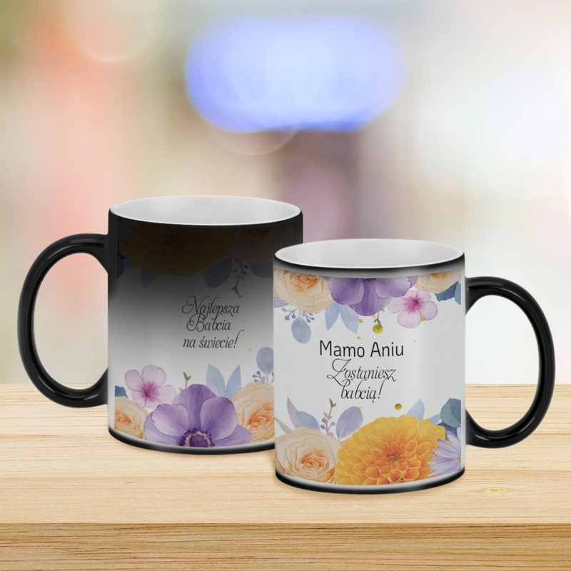 Magiczny kubek błyszczący Mamo zostaniesz Babcią! z imieniem