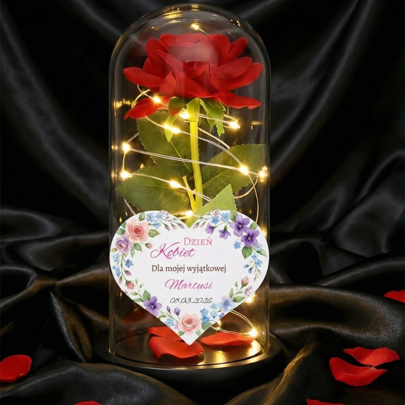 Róża w szklanej kopule z lampkami LED i personalizowaną dedykacją w sercu – prezent na Dzień Kobiet