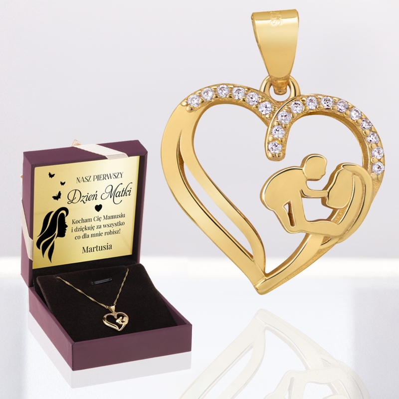 Prezent na Dzień Matki: pozłacany wisiorek mama i dziecko z imieniem