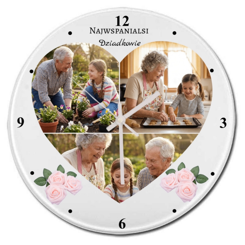 Szklany zegar dla Babci i Dziadka z sercem ze zdjęć i personalizacją