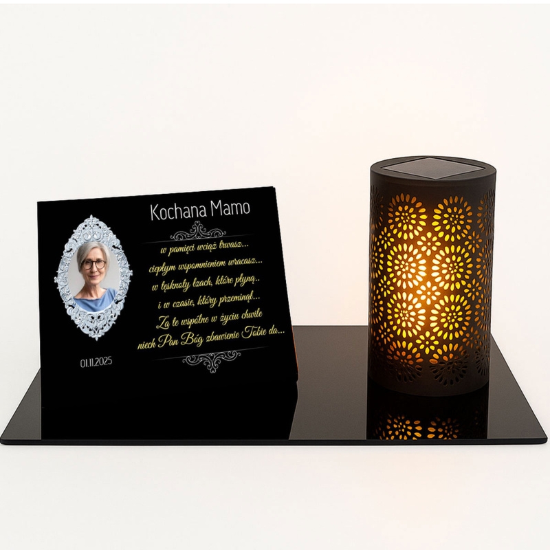 Zestaw nagrobny – lampa solarna LED i tabliczka z nadrukiem UV
