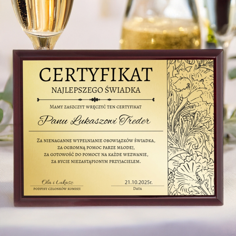 Podziękowania dla świadków / Drewniany panel, złota tabliczka, dedykacja