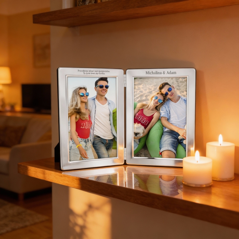 Podwójna ramka dla pary ze stali posrebrzanej z grawerem