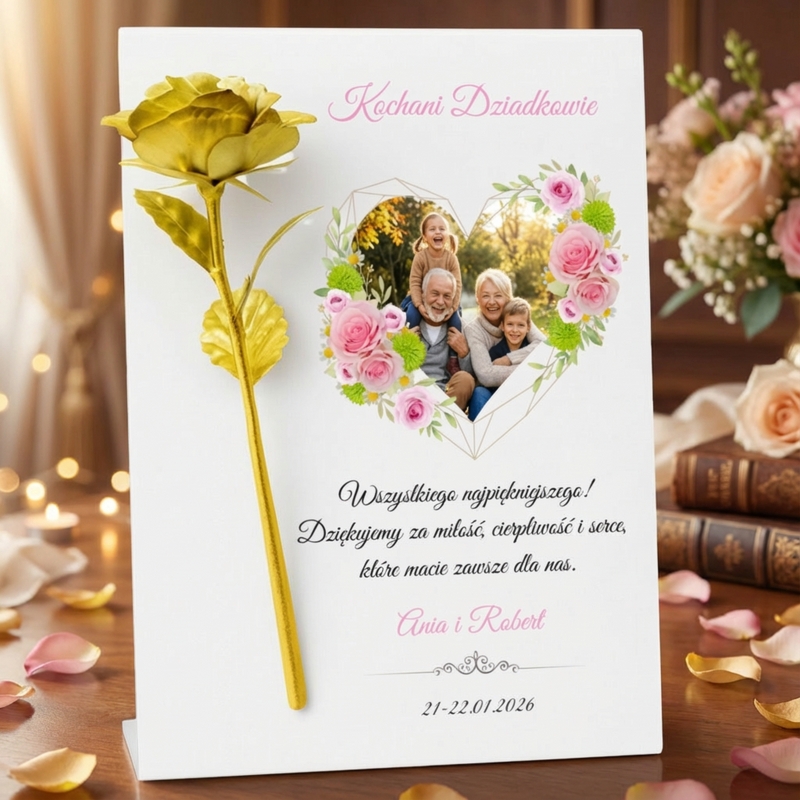 Złota róża dla dziadków na akrylowej tabliczce z dedykacją Personalizacja