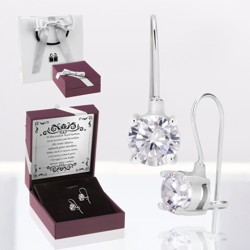 Kolczyki z białą cyrkonią srebro 925 z dedykacją w zestawie
