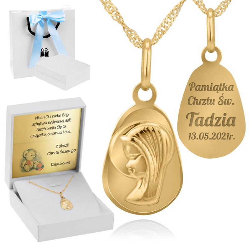 Złoty medalik z Matką Boską pr. 585 na Chrzest Dedykacja