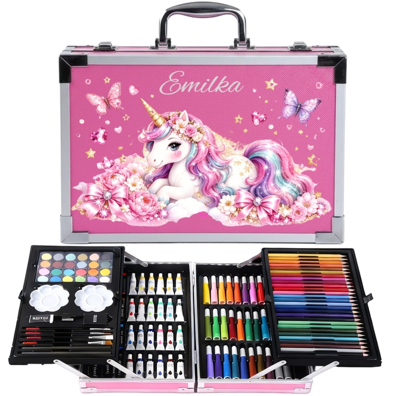 Zestaw plastyczny dla dziewczynki w różowej walizce z imieniem – 145 elementów