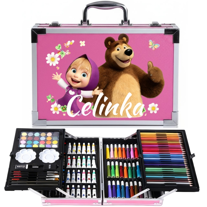 Zestaw plastyczny dla dziewczynki w różowej walizce z imieniem – 145 elementów/Masza i Niedźwiedź