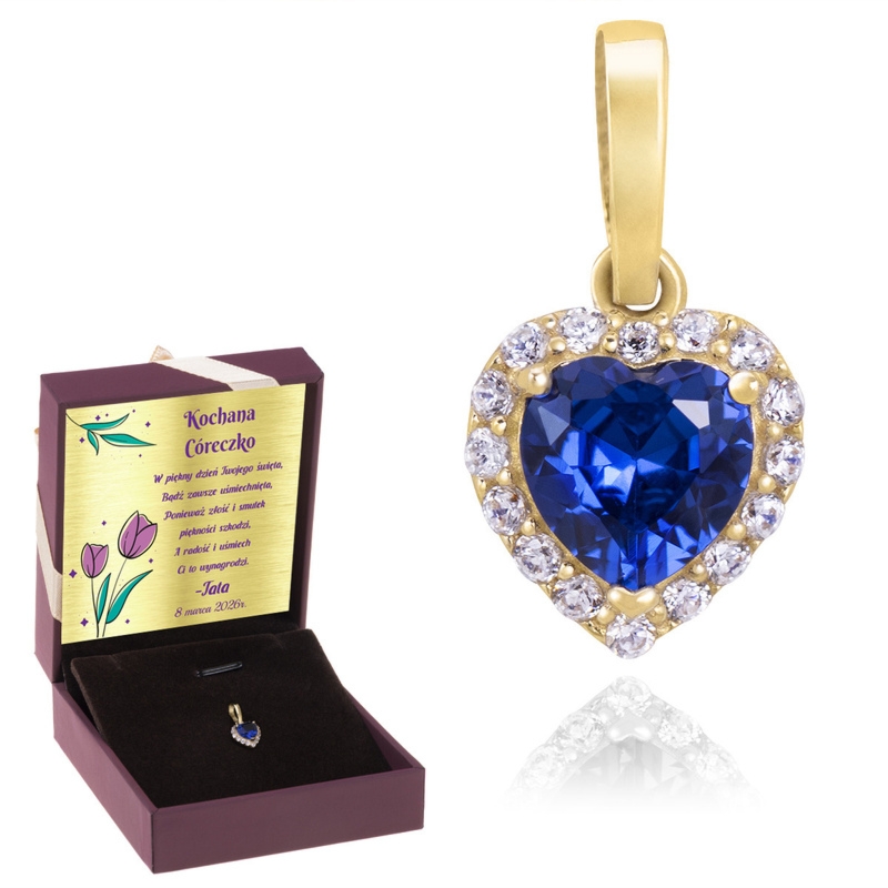Złoty wisiorek serce 585 z cyrkoniami i tabliczką z nadrukiem