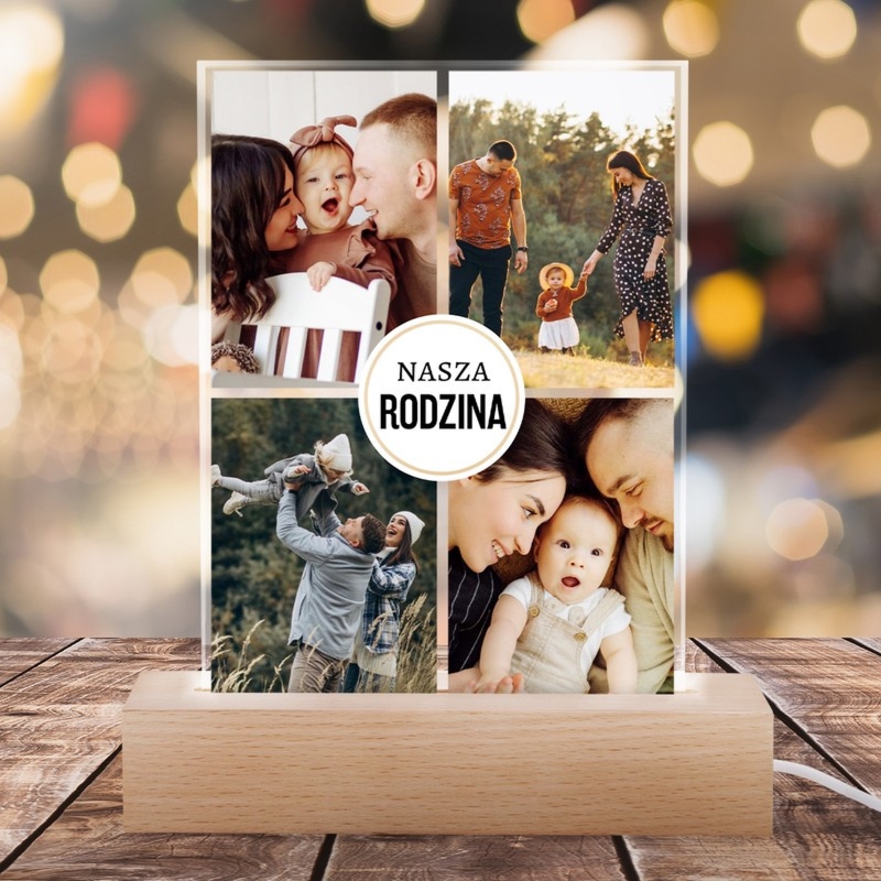Rodzinna ramka LED z akrylu na drewnianej podstawie z personalizacją