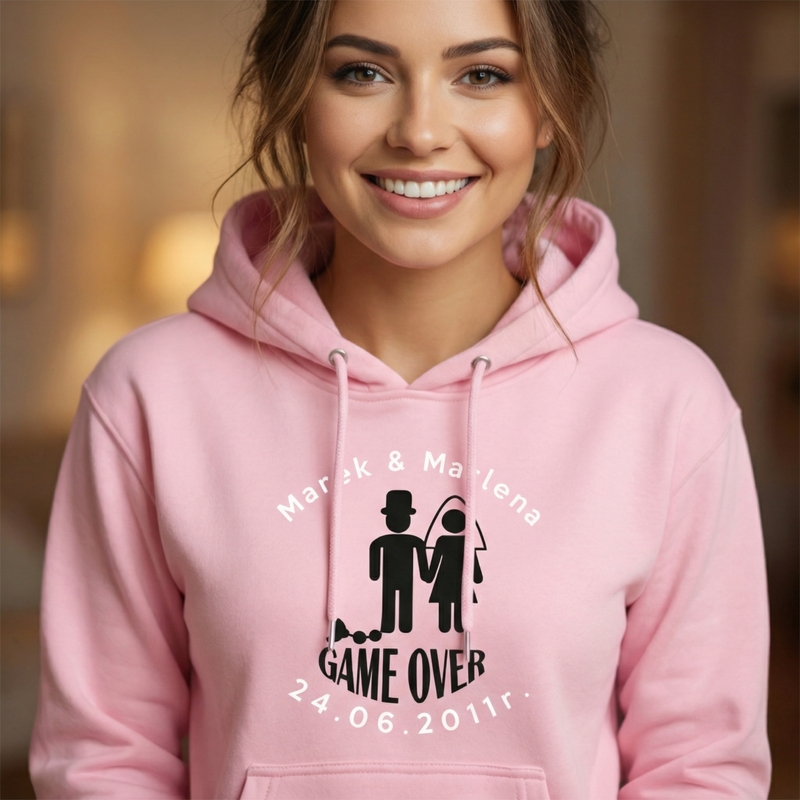 Różowa bluza dla par Game Over – z imionami i datą