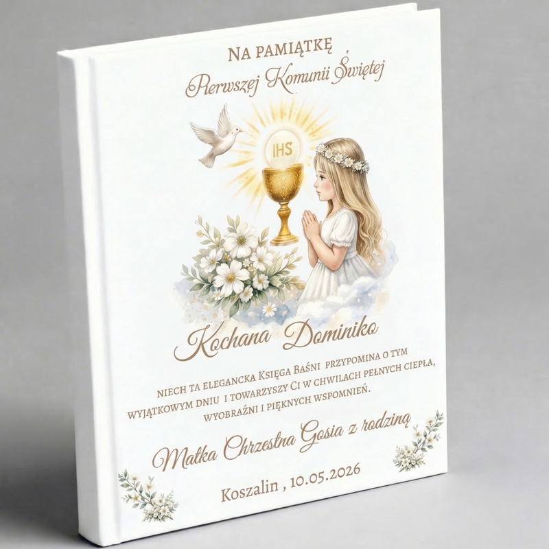 Świat Baśni – personalizowana pamiątka Pierwszej Komunii Świętej dla dziewczynki z imieniem i datą