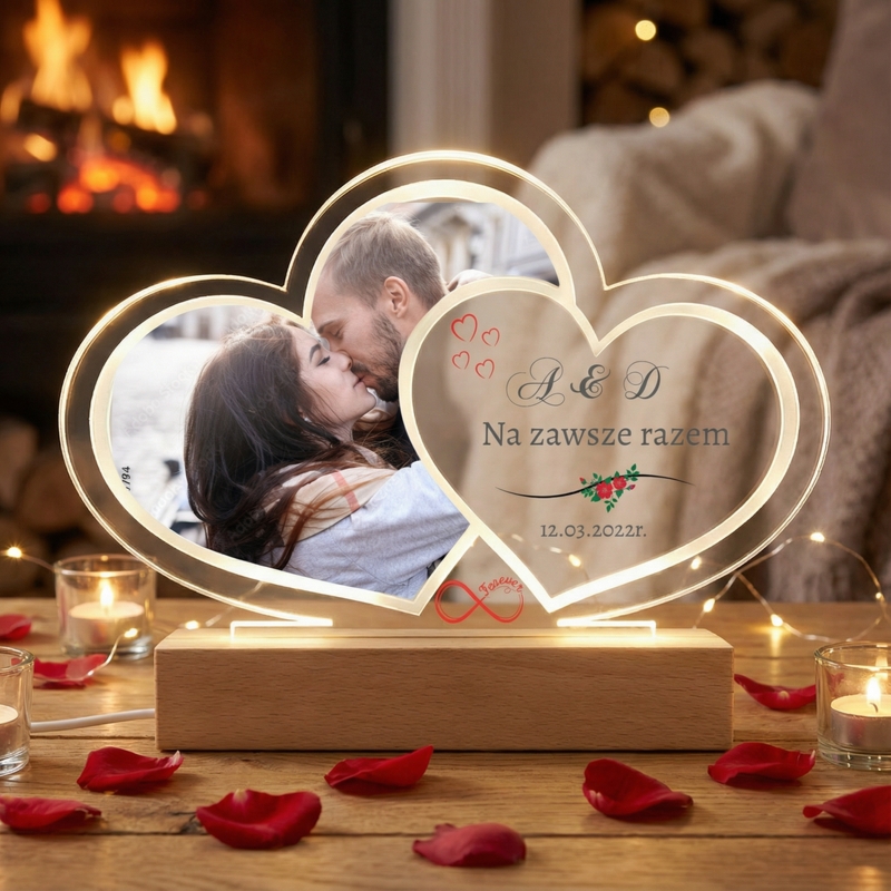 Prezent na ślub – lampka LED podwójne serce z personalizacją