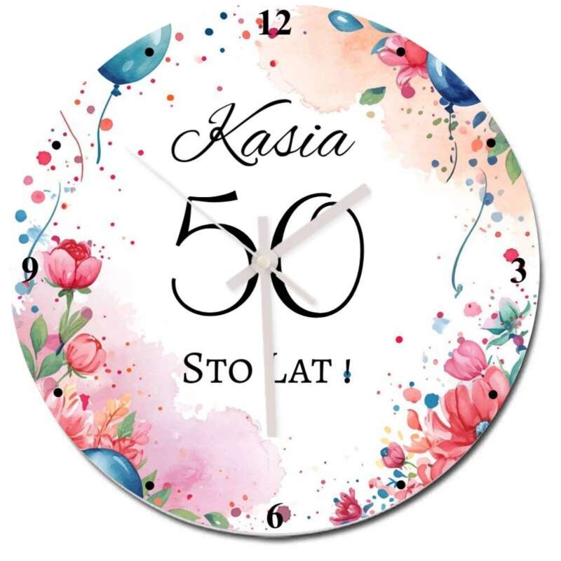 Okrągły szklany zegar na urodziny, kolorowe kwiaty, personalizacja UV
