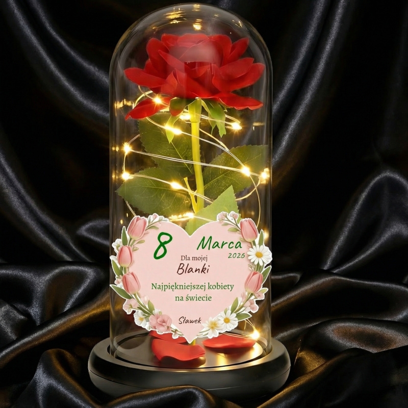 Róża w szklanej kopule z lampkami LED i personalizowaną dedykacją w sercu – prezent na Dzień Kobiet