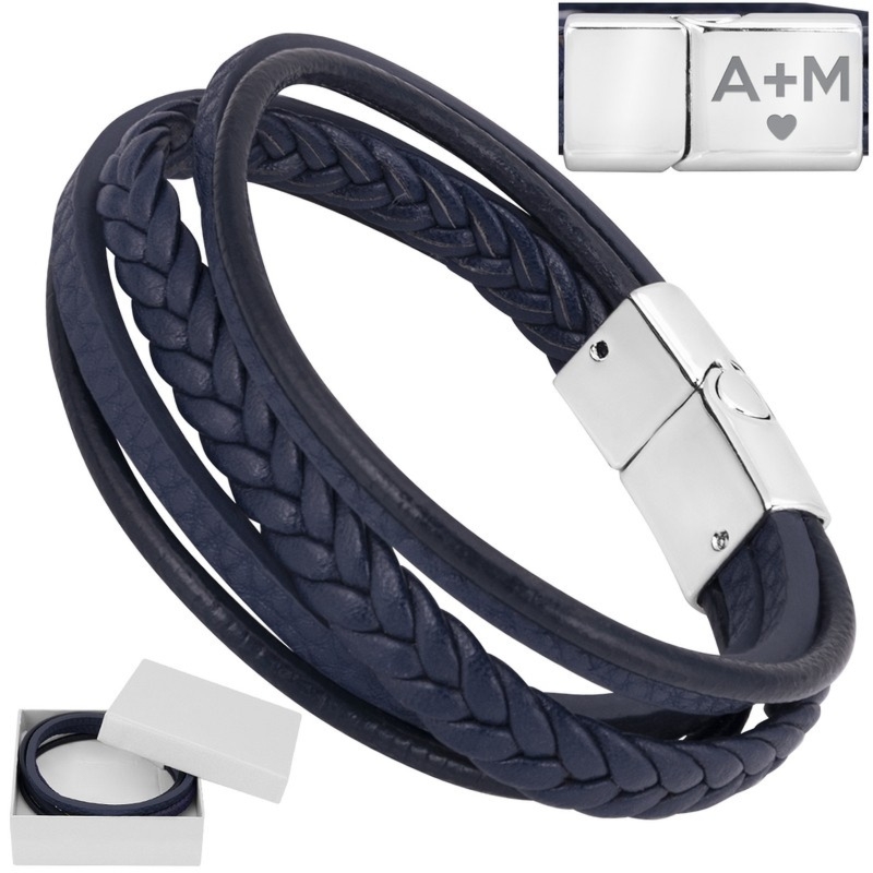 Bransoletka męska granatowa z ekoskóry i stali z grawerem