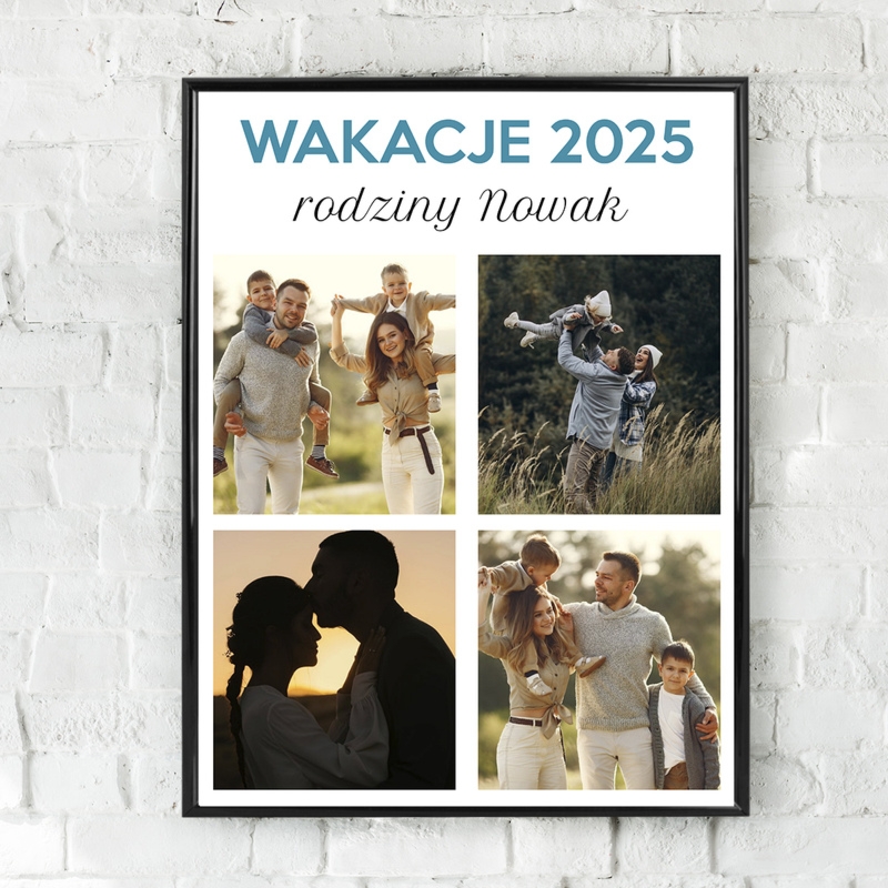 Personalizowany plakat rodzinny Wakacje z 4 zdjęciami i dedykacją