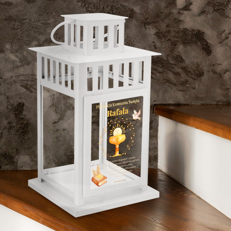 Personalizowany biały lampion – Pamiątka Pierwszej Komunii Świętej dla chłopca
