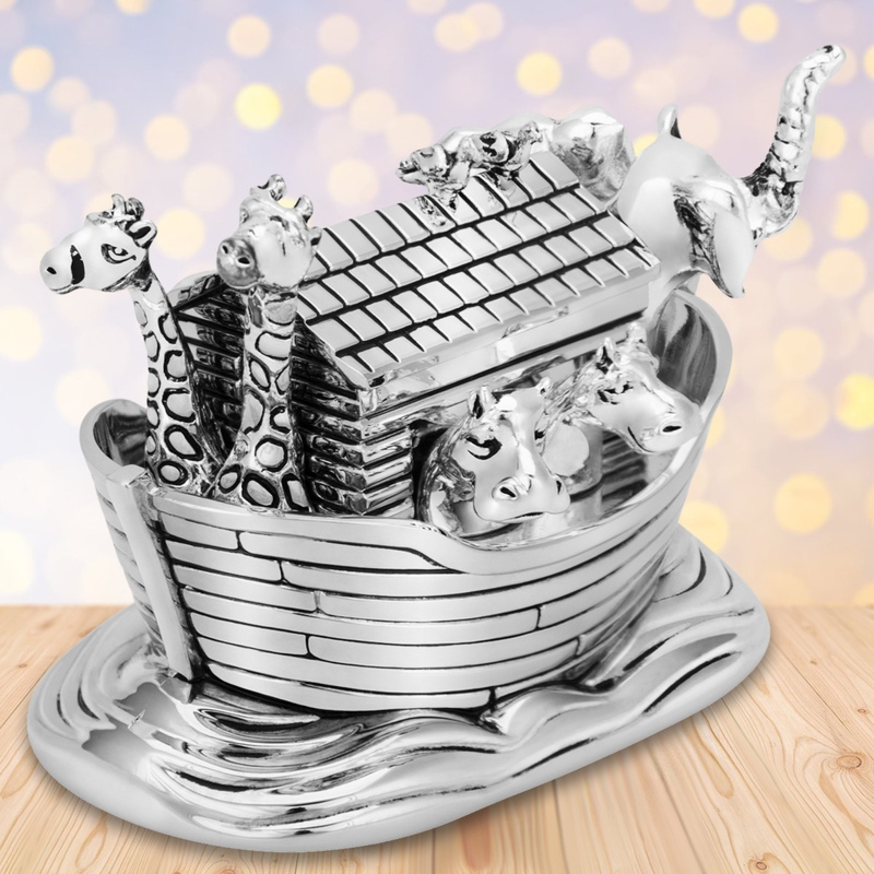 Pozytywka Arka Noego platerowana srebrem na Chrzest Św. i Roczek