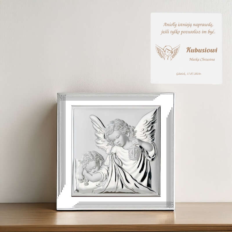 Prezent na Chrzest: obrazek Anioł Stróż PVD z grawerem