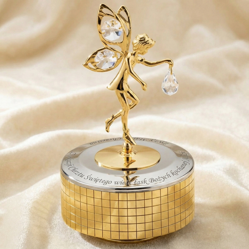 Pozłacana pozytywka Elf z kryształami na Chrzest z grawerem