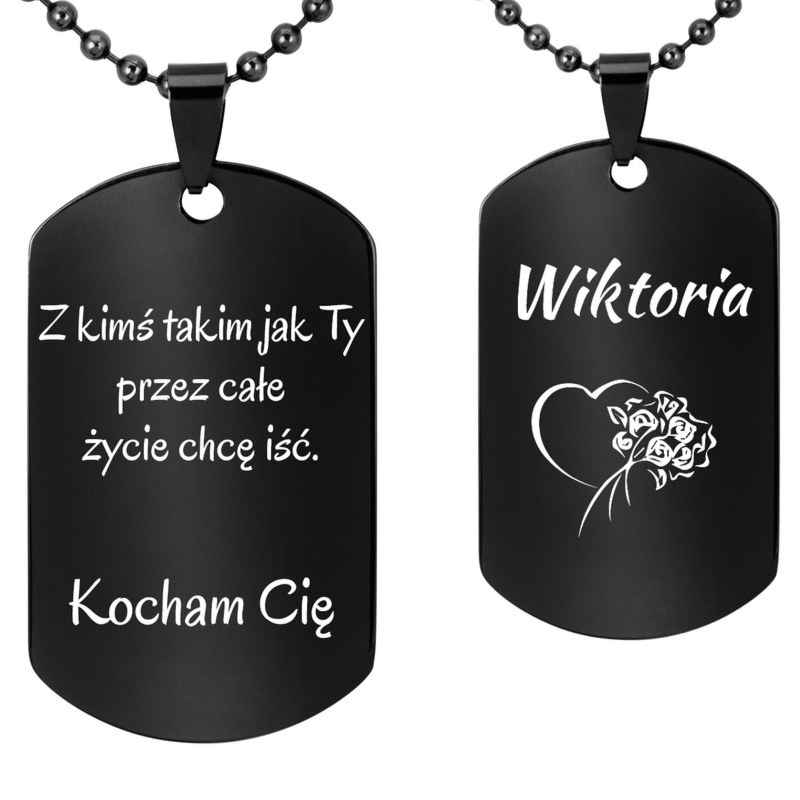 Czarny nieśmiertelnik ze stali szlachetnej z grawerem po obu stronach