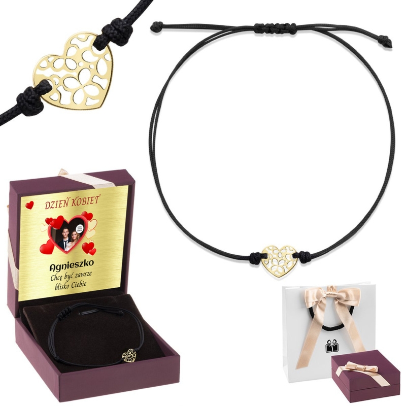Sznurkowa bransoletka ażurowe serduszko złoto 585 z dedykacją