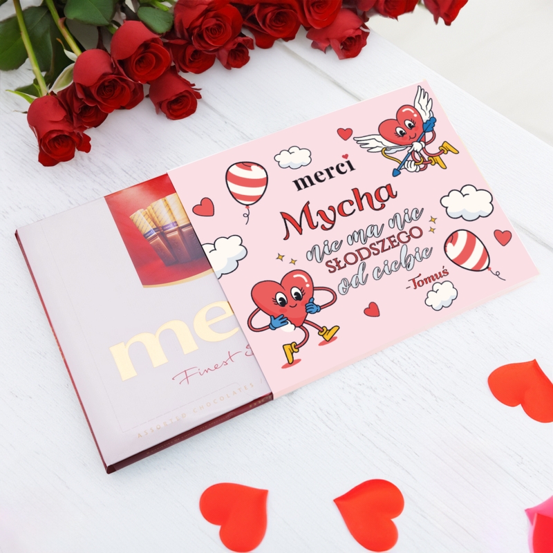 Walentynkowe czekoladki Merci z imieniem – personalizowany prezent 250 g