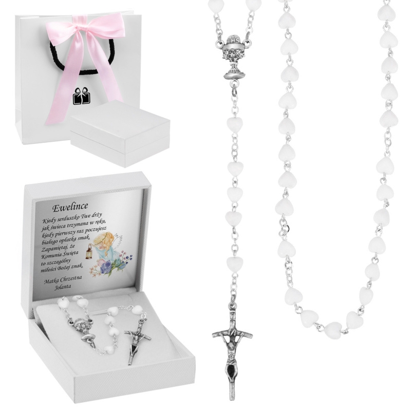 Różaniec komunijny z białymi paciorkami – elegancki prezent na I Komunię Świętą