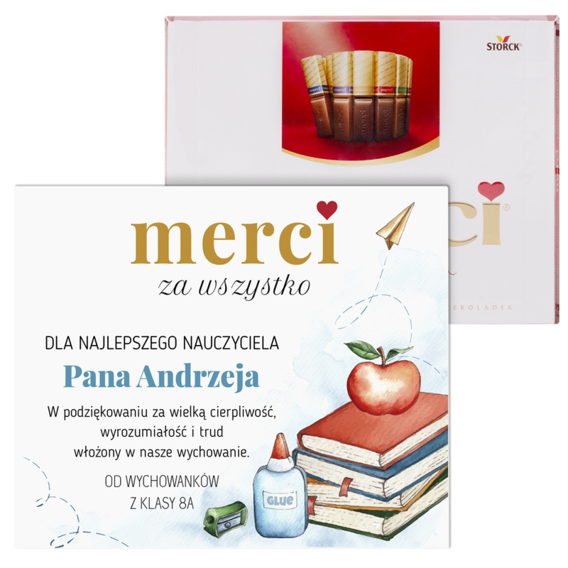 Merci z personalizacją nauczyciela słodki prezent z podziękowaniem od klasy