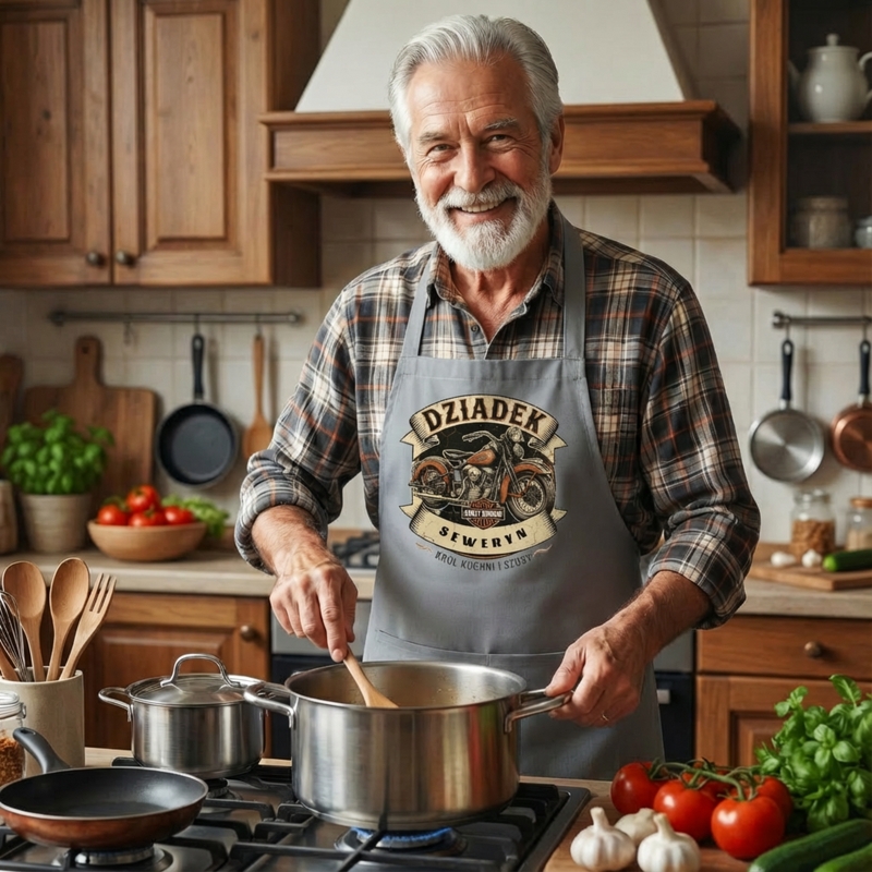 Szary fartuch kuchenny „Dziadek – król kuchni i szosy” z motywem motocykla