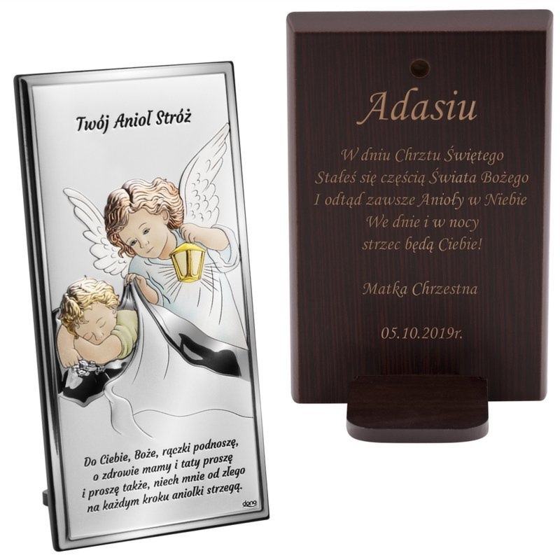 Pamiątka Chrztu Św. Srebrny obrazek Anioł Stróż z grawerem