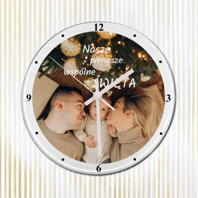 Rodzinny zegar szklany z personalizacją UV na Święta ze zdjęciem