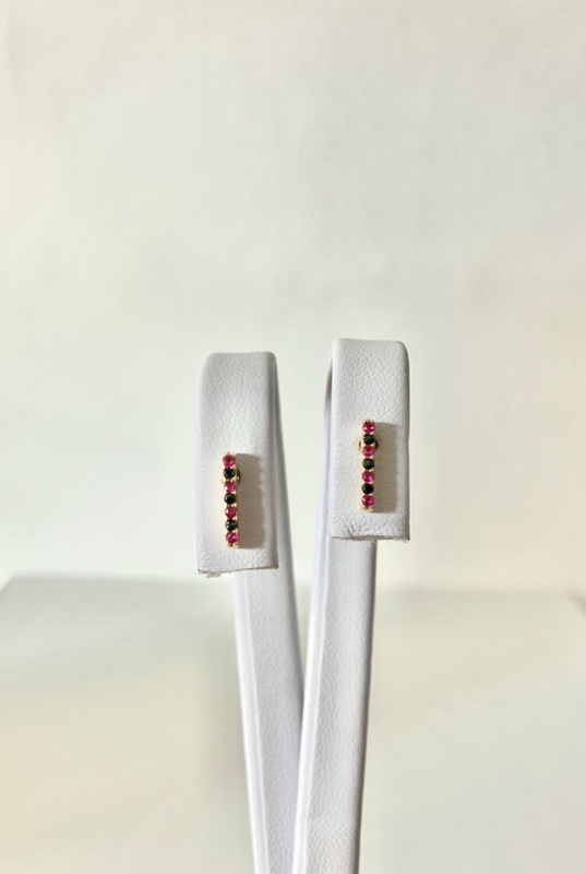 Złote kolczyki różowo-czarne cyrkonie próba 585 na sztyft