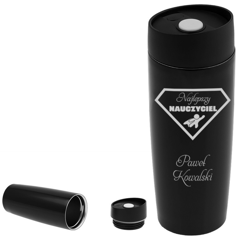 Czarny kubek termiczny dla nauczyciela z grawerem laserowym