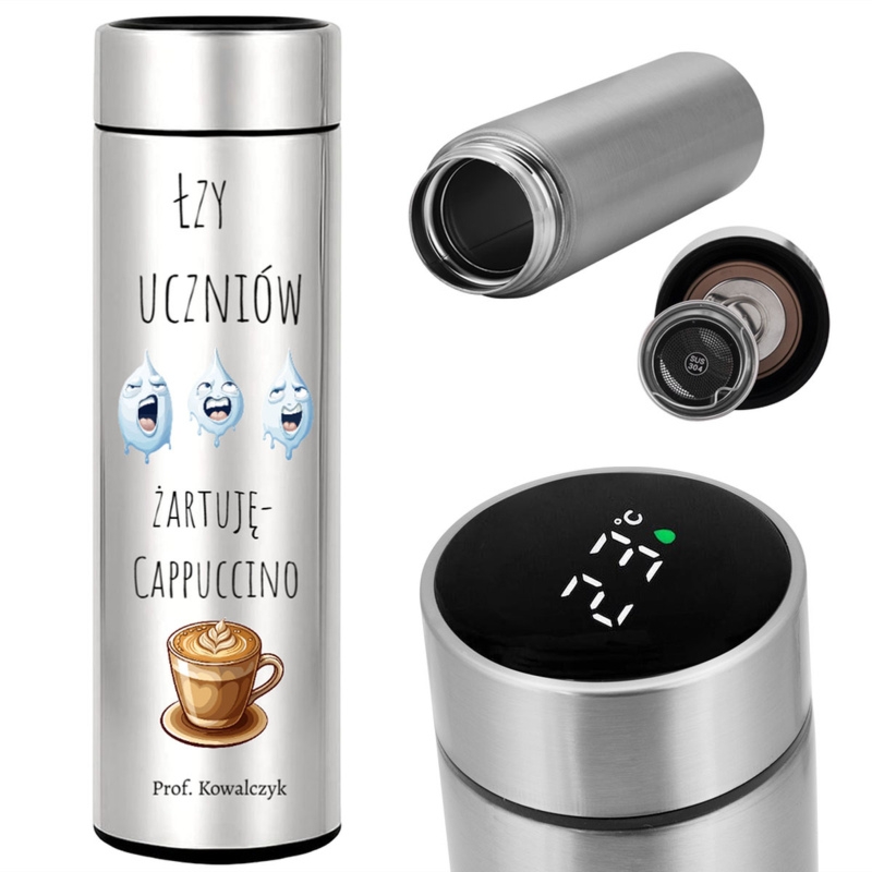 Dzień Nauczyciela: srebrny kubek termiczny LED z nadrukiem UV