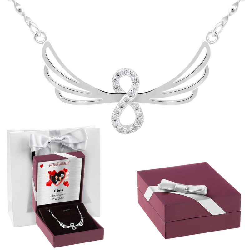 Srebrny naszyjnik pr. 925 skrzydła oraz znak Dedykacja