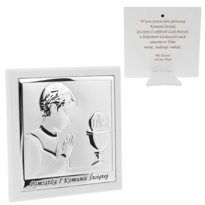 Pamiątka I Komunii dla chłopca srebrny obrazek z grawerem
