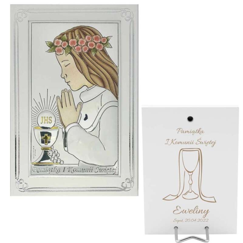 Obrazek Srebrny Dziewczynka Pamiątka na I Komunię Św. Grawer