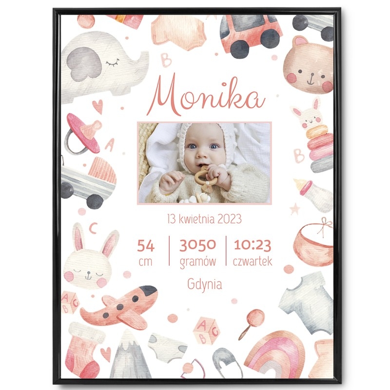 Image of Plakat Metryczka / Prezent na Baby Shower dla dziewczynki / Plakat na narodziny dziecka / plexi