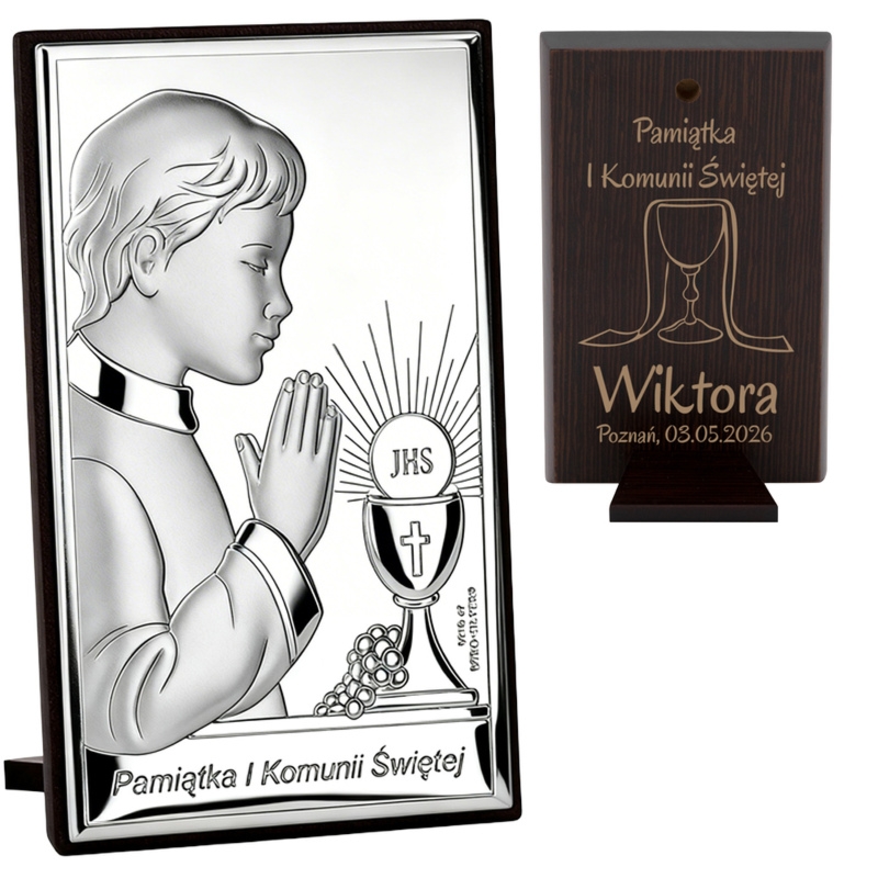 Obrazek srebrny Chłopiec na I Komunię Świętą z grawerem