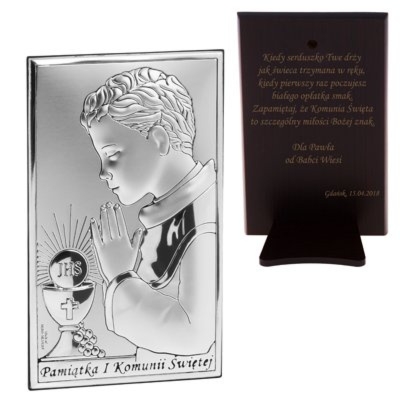 Pamiątka I Komunii dla chłopca srebrny obrazek z grawerem