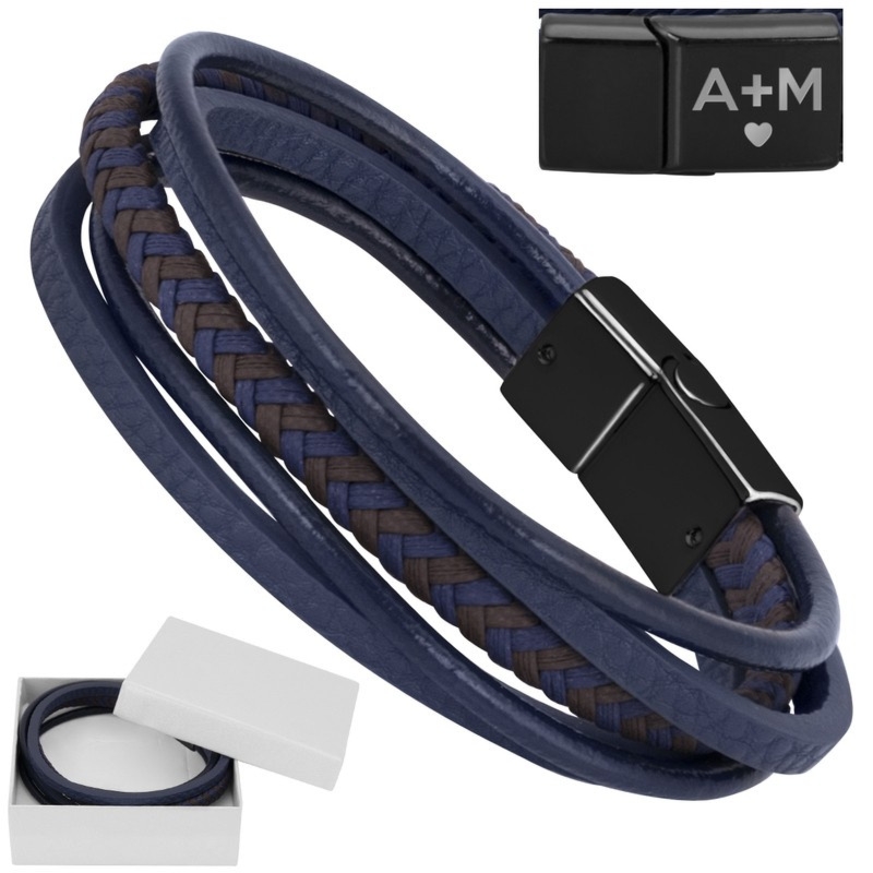 Granatowa bransoletka męska z ekoskóry z grawerem na rocznicę